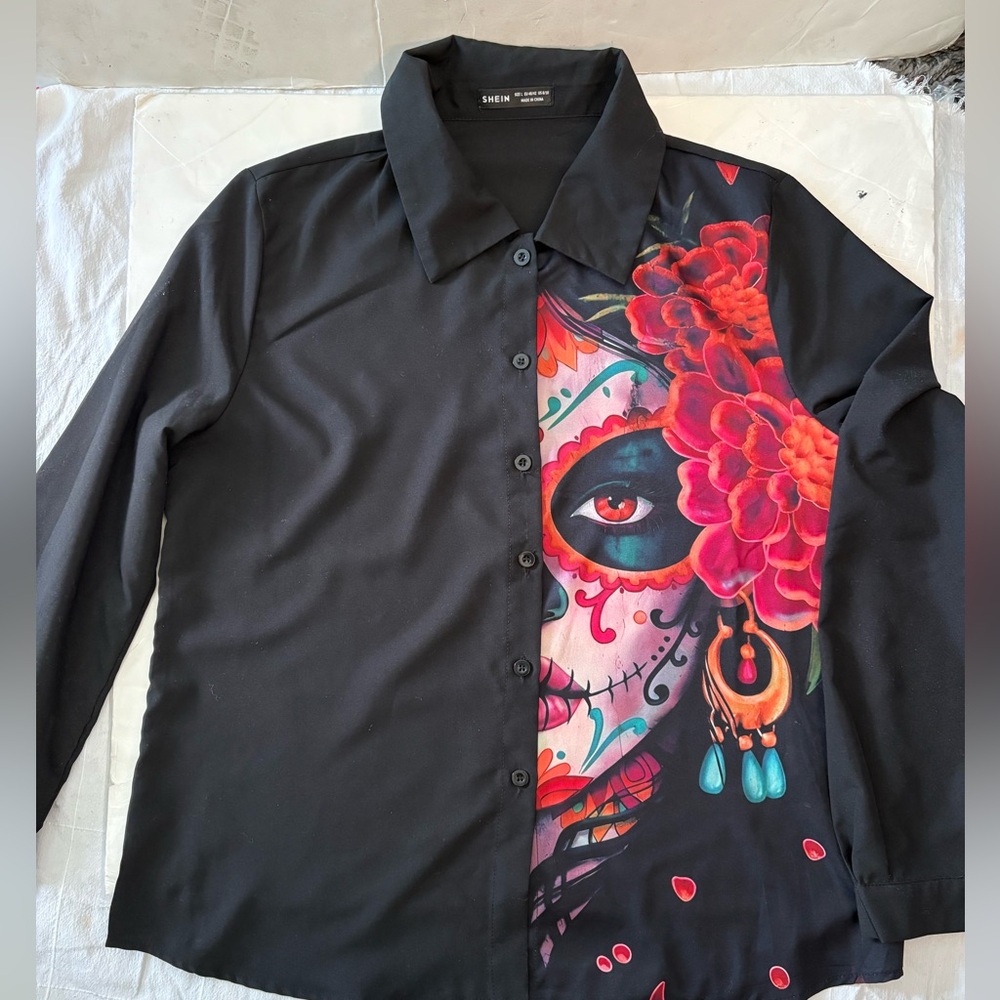 SHEIN Black Shirt with Vibrant Skull Design